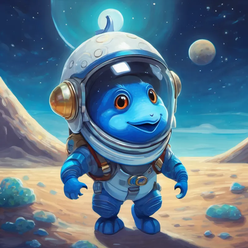 Blue fish with fins and a curious expression exploring the moon's surface with a helmet