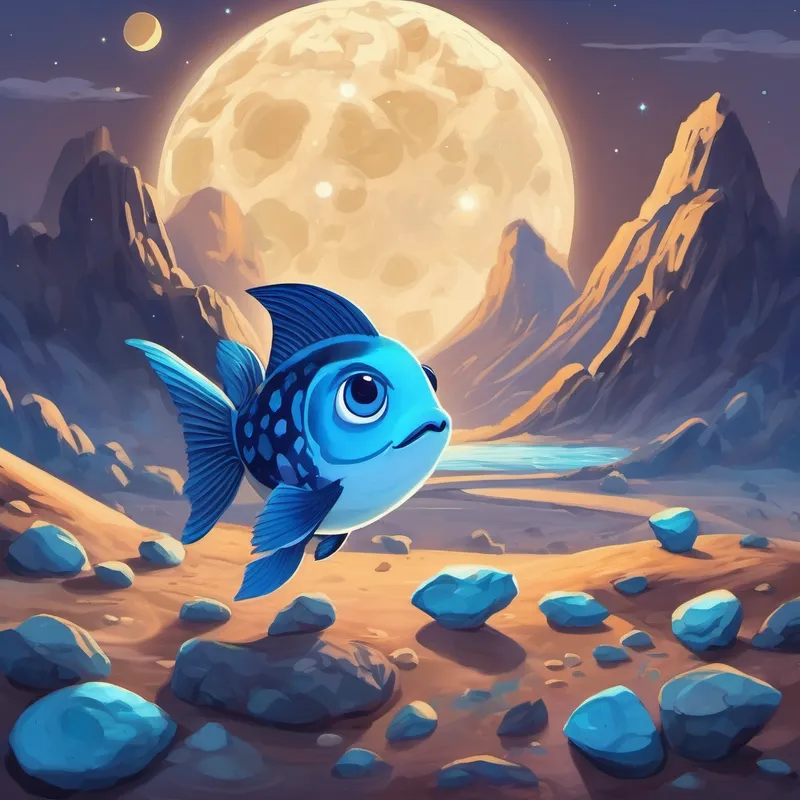 Blue fish with fins and a curious expression picking up rocks and taking pictures on the moon