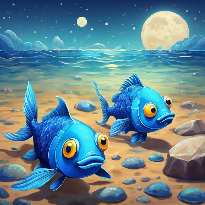 Blue fish with fins and a curious expression swimming back to the sea with moon rocks