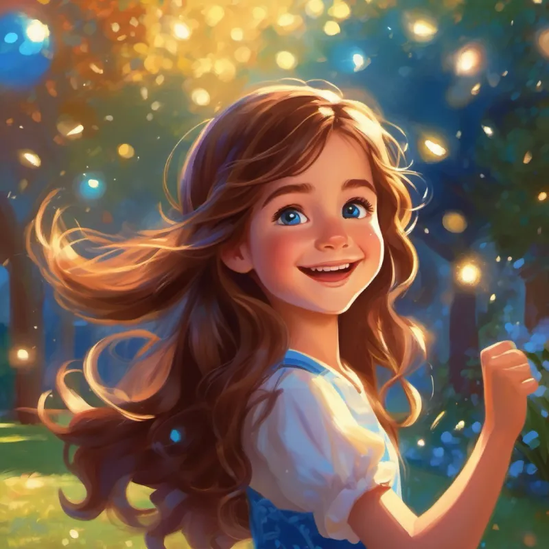 Young girl, bright smile, long brown hair, sparkling blue eyes dancing in the backyard, imagining it's her stage.