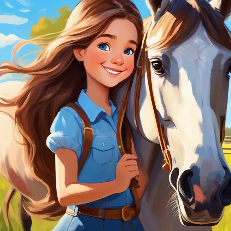 Young girl, bright smile, long brown hair, sparkling blue eyes's first visit to a farm meeting real horses.