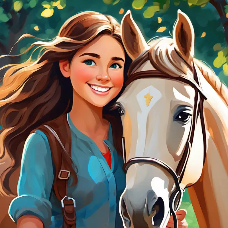 Young girl, bright smile, long brown hair, sparkling blue eyes learning to take care of and ride horses.
