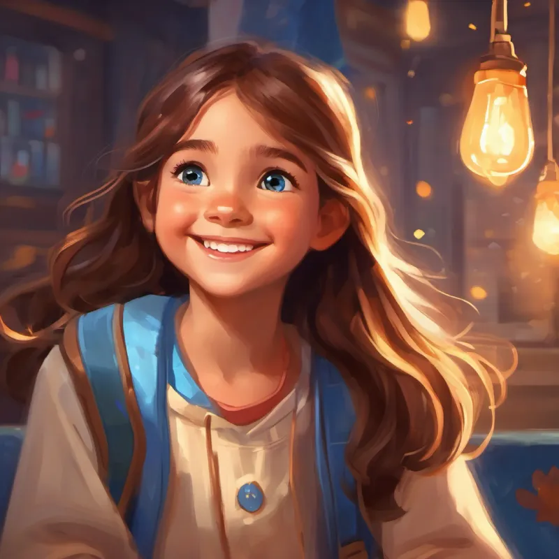 Young girl, bright smile, long brown hair, sparkling blue eyes learning she has to move to a new foster home.