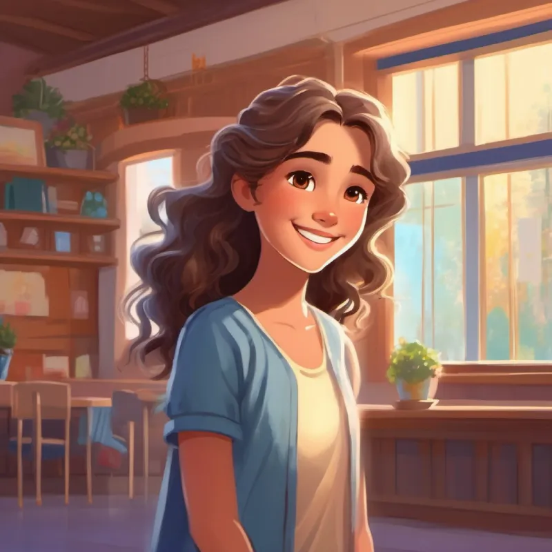 Young girl, bright smile, long brown hair, sparkling blue eyes discovers a dance studio at her new home with Warm carer, curly grey hair, wise brown eyes, gentle voice.