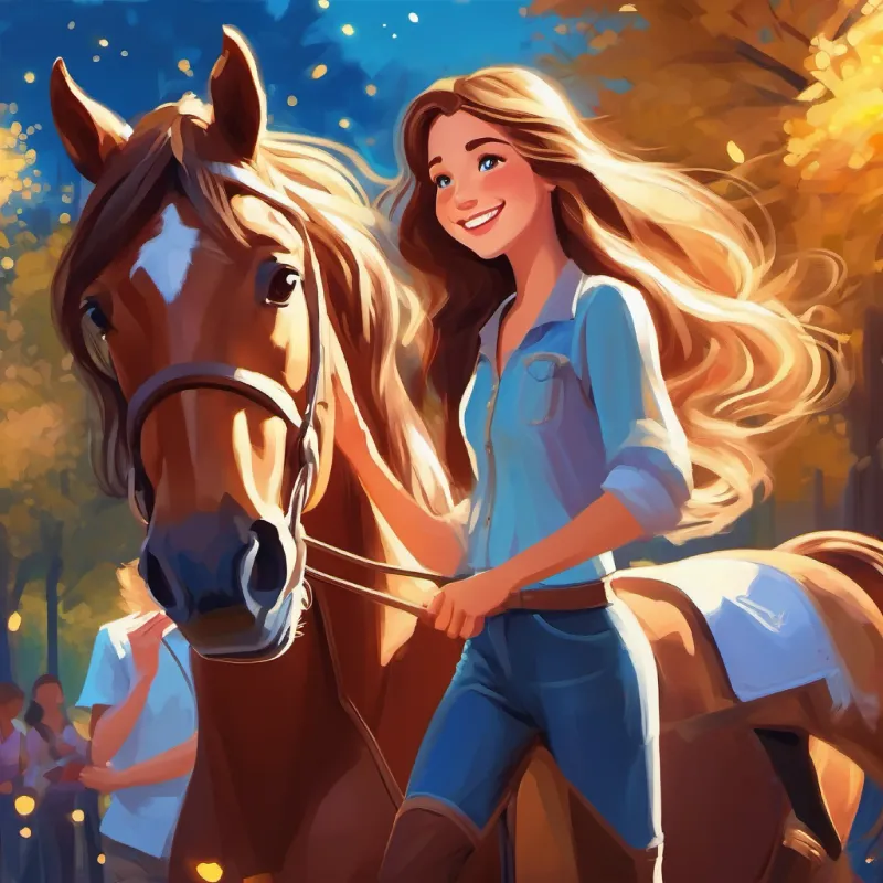 Young girl, bright smile, long brown hair, sparkling blue eyes finds happiness again with dance and new horse friends.