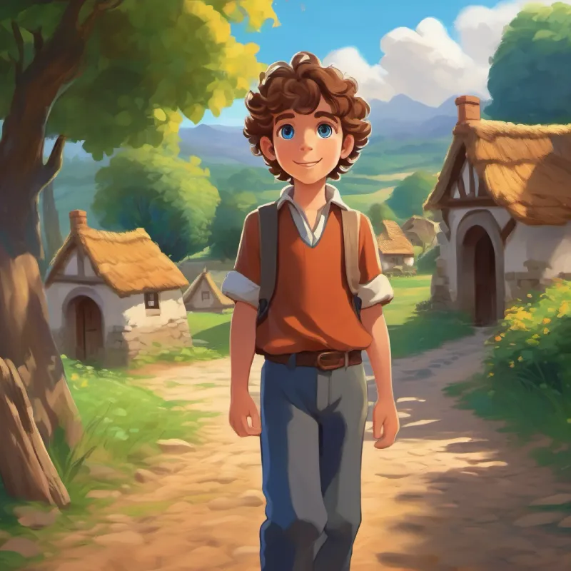 Introduction to A young boy, eager, with curly brown hair and big blue eyes in his village, setting the scene.
