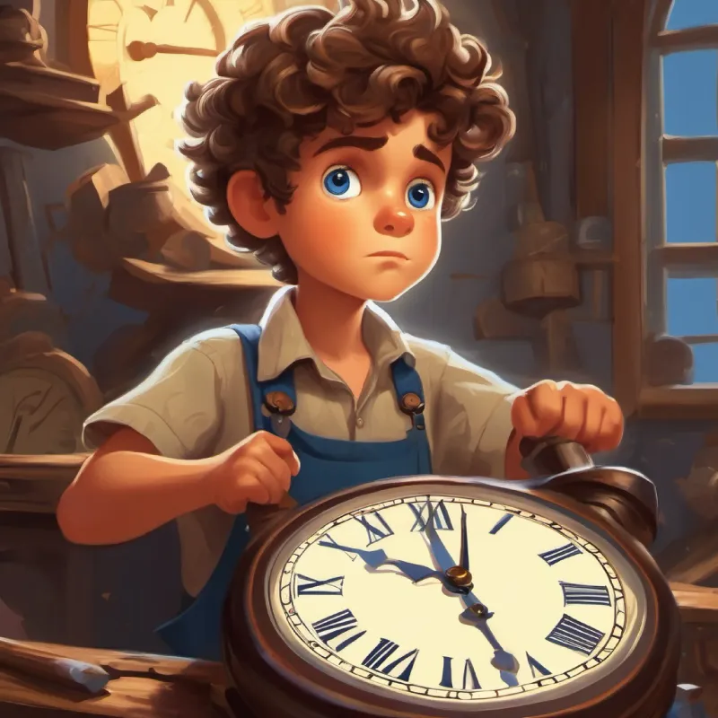 A young boy, eager, with curly brown hair and big blue eyes fixes the clock and starts misusing the hammer, showing his blaming habit again.