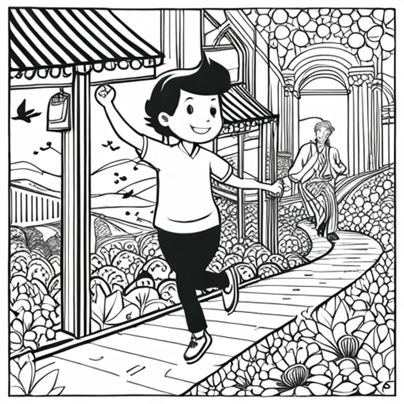Jack happily skipping on the path, surrounded by flowers and birds