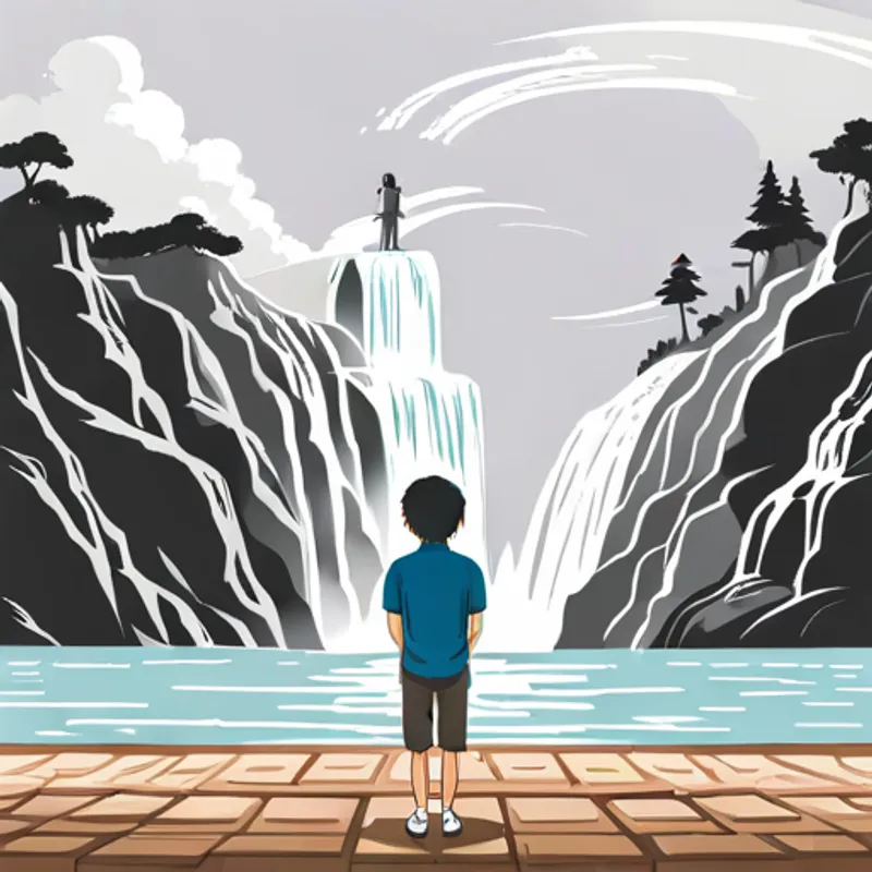 Jack stands in front of the waterfall, mesmerized by its beauty