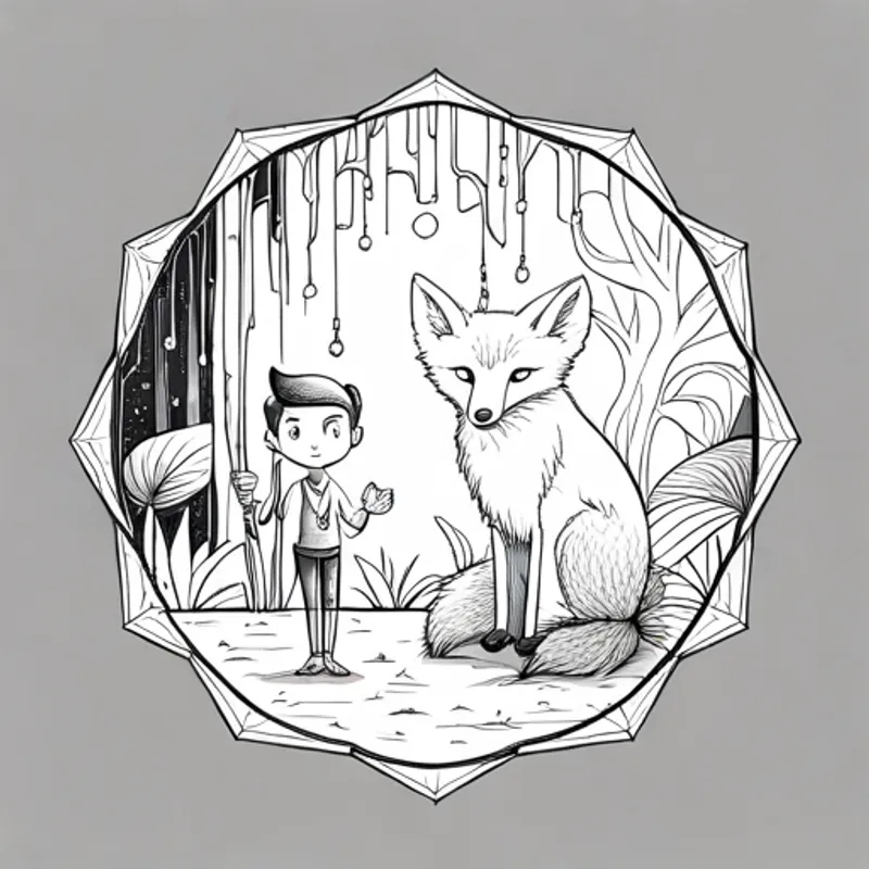 Jack and the fox in the cave, surrounded by sparkling crystals