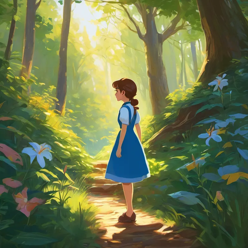 One sunny morning, Lily woke up while the village was still sleeping. She put on her favorite blue dress, laced up her sturdy shoes, and tiptoed out of her house. The forest beckoned her with whispers of adventure, captivating her young spirit. As Lily stepped into the forest, she felt a soft breeze caress her face. She listened intently to the rustling leaves, their gentle whispers guiding her further into the forest's embrace. The sunlight danced through the canopy, creating a kaleidoscope of colors on the forest floor.