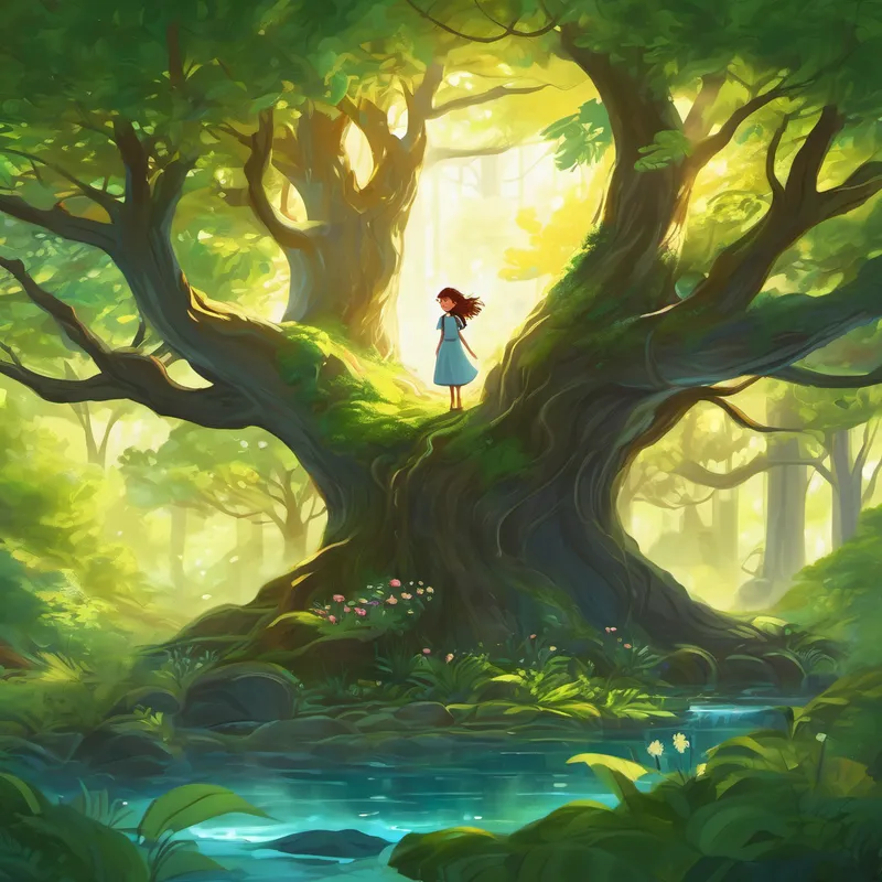 Deeper and deeper Lily ventured, past towering trees and glistening streams. And then, before her very eyes, something magical happened. The trees seemed to come alive, their branches forming archways that welcomed her into a hidden clearing. In the center of the clearing stood a wondrous tree, its bark shimmering with an ethereal glow. Underneath this enchanting tree, Lily discovered a cozy nook with a fluffy blanket and a collection of storybooks. She settled herself comfortably, ready to hear stories whispered by the forest.