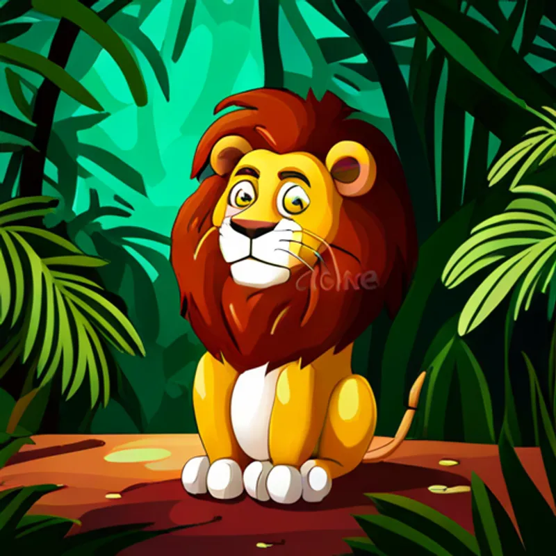 Lion sits in jungle under tall green leaves