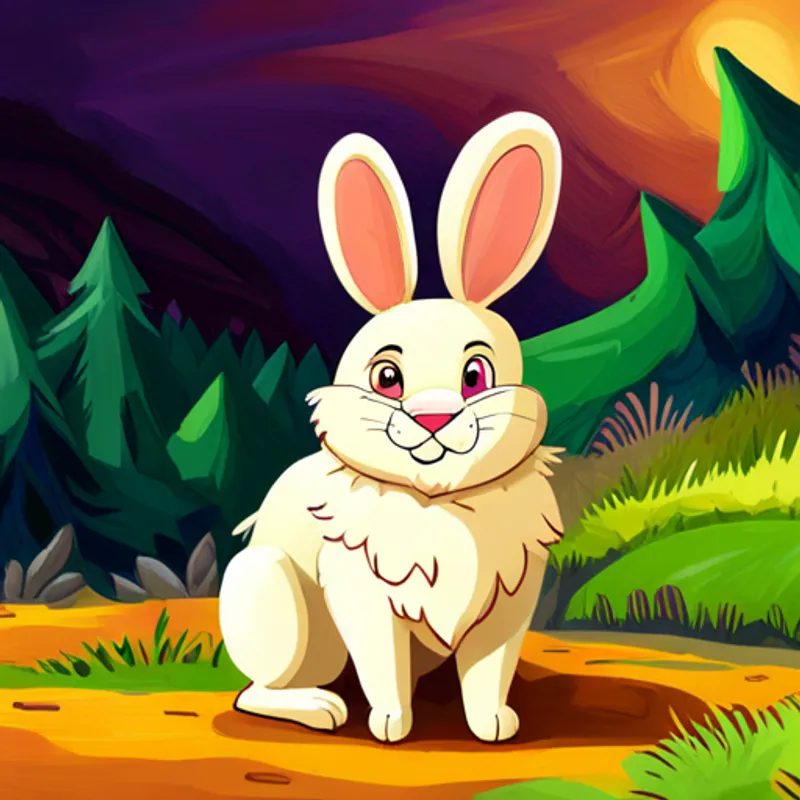 Rabbit with fluffy white fur seen by Lion - majestic golden fur, regal and strong