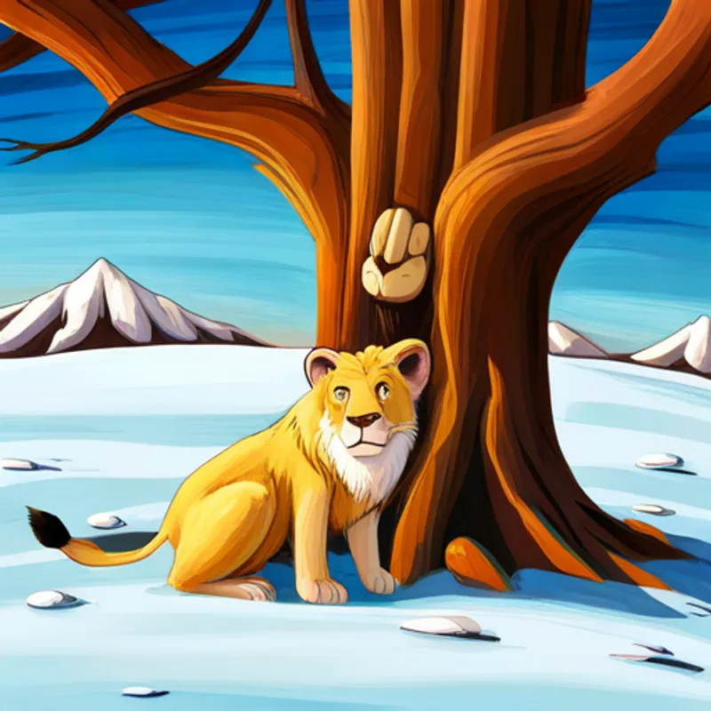Lion hides behind tree, slowly approaching Rabbit - fluffy white fur, quick and nimble