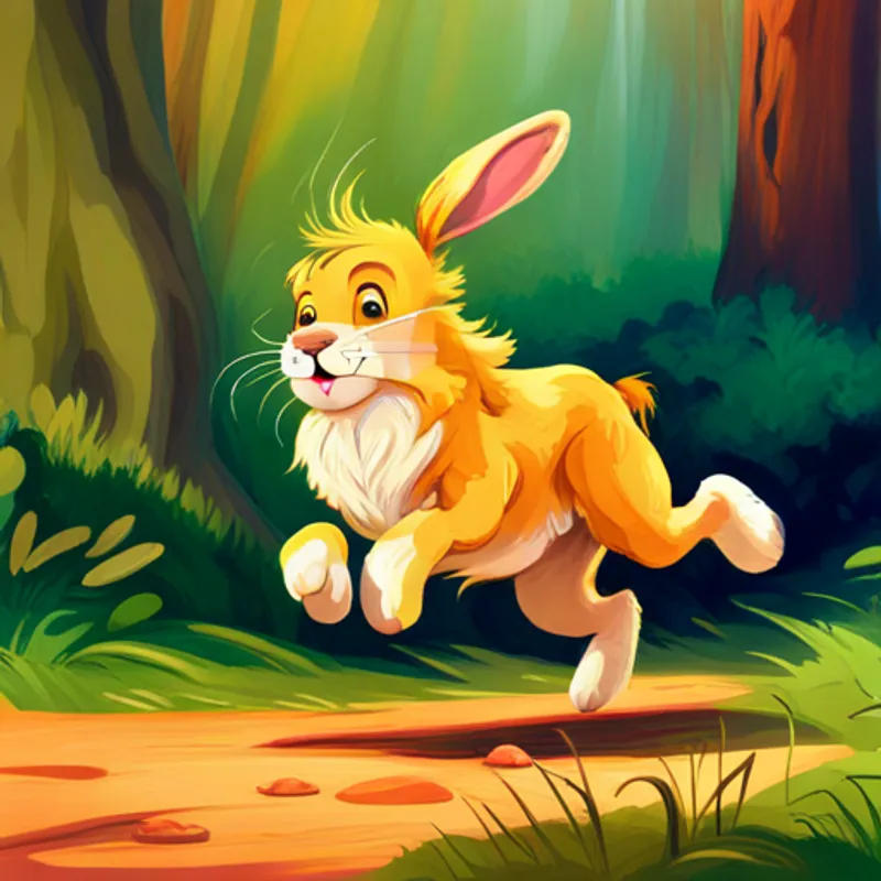 Rabbit hops quickly with Lion - majestic golden fur, regal and strong close behind