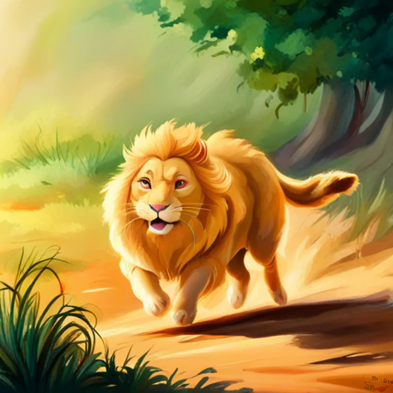 Rabbit runs fast, leaving Lion - majestic golden fur, regal and strong in the dust