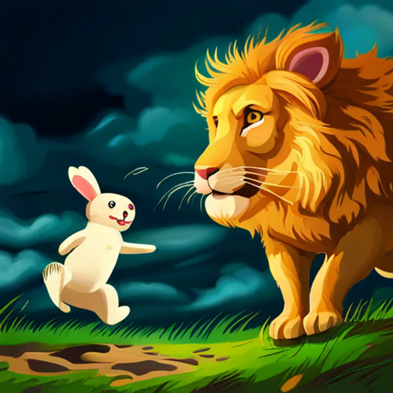 Rabbit jumps into hole, safe from Lion - majestic golden fur, regal and strong