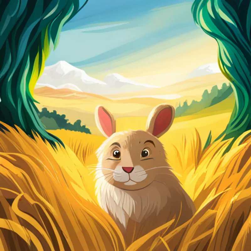 Rabbit peeks out, happy to escape from Lion - majestic golden fur, regal and strong