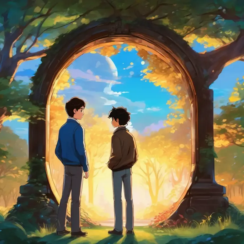 Dean has brown hair and blue eyes and Michael has black hair and brown eyes standing in the park, looking at a glowing portal