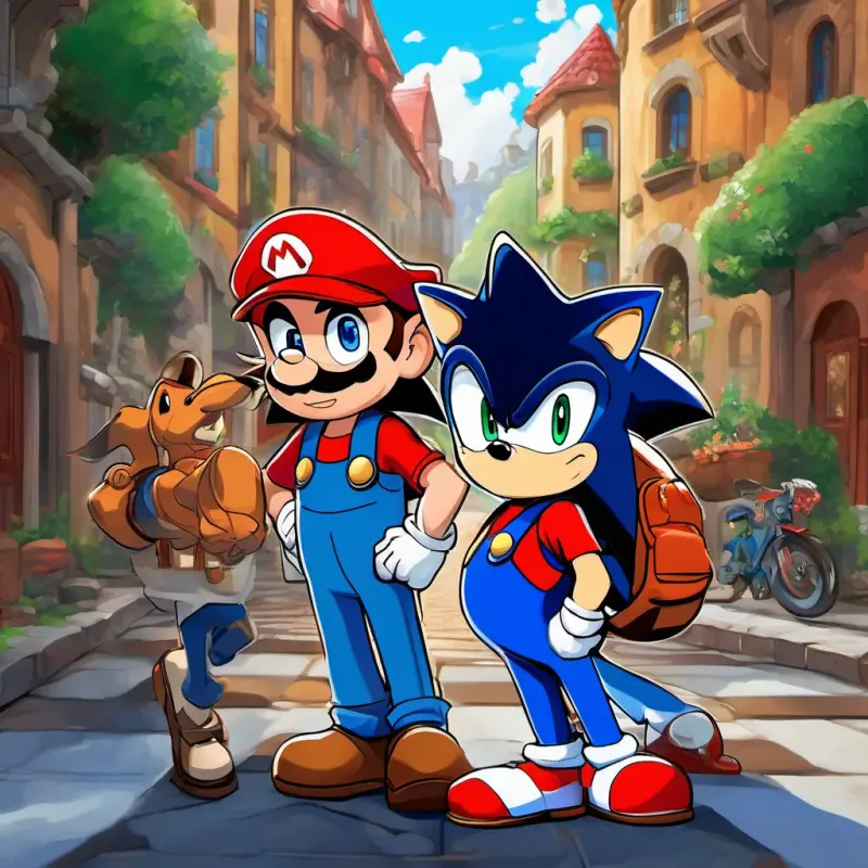 Dean has brown hair and blue eyes, Michael has black hair and brown eyes, Sonic is a blue hedgehog with red shoes, and Mario wears a red hat and has a big mustache standing side by side, ready to go on an adventure