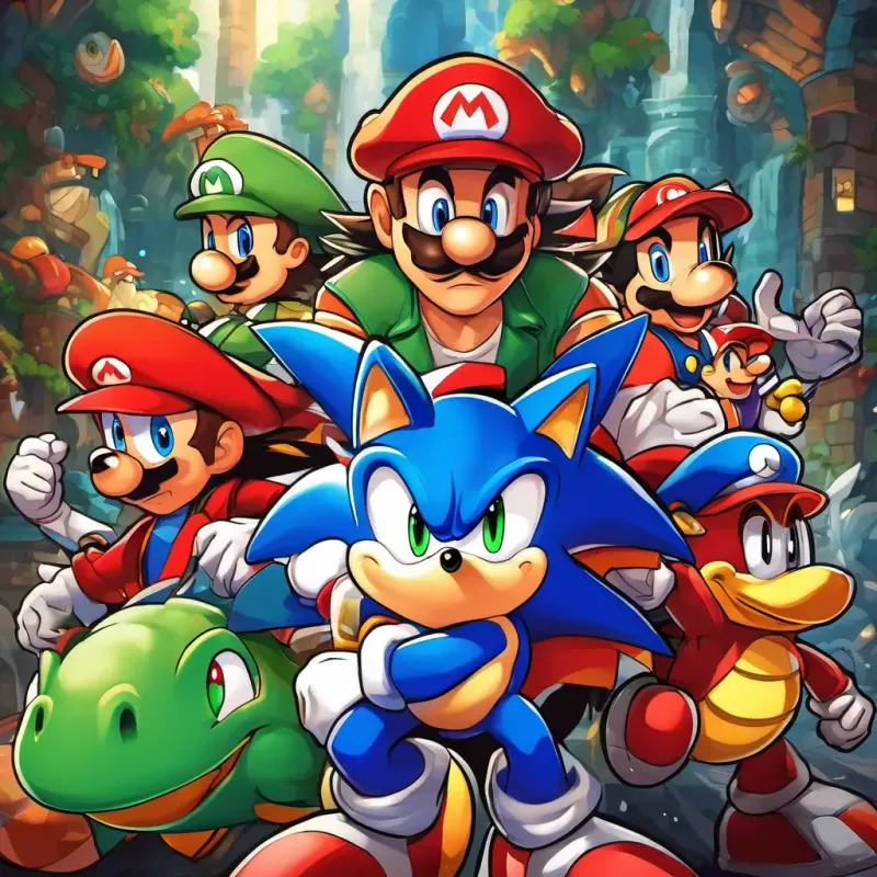 Dean has brown hair and blue eyes, Michael has black hair and brown eyes, Sonic is a blue hedgehog with red shoes, and Mario wears a red hat and has a big mustache celebrating their victory, while King Koopa is a green turtle-like creature and Dr Robotnik is a round man with a big mustache look defeated