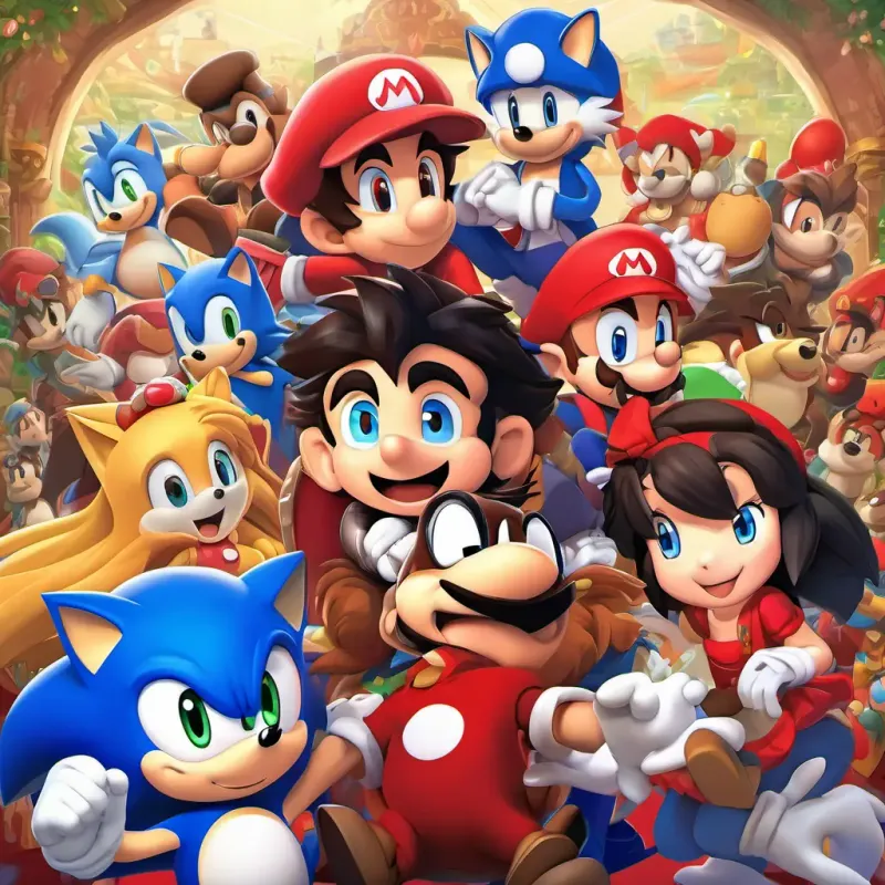 Dean has brown hair and blue eyes, Michael has black hair and brown eyes, Sonic is a blue hedgehog with red shoes, Mario wears a red hat and has a big mustache, and princesses from both worlds having a joyful party