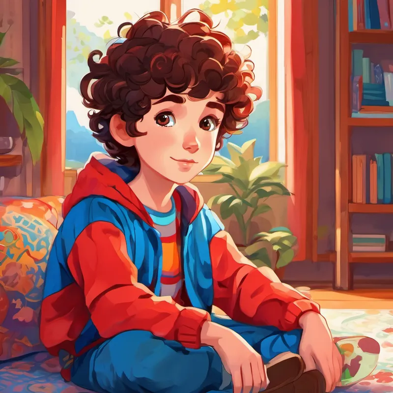 Short dark hair, brown eyes is a young boy with short dark hair and brown eyes. Curly red hair, bright blue eyes, wears colorful clothes has curly red hair, bright blue eyes. She wears colorful clothes. They are sitting in a cozy living room.