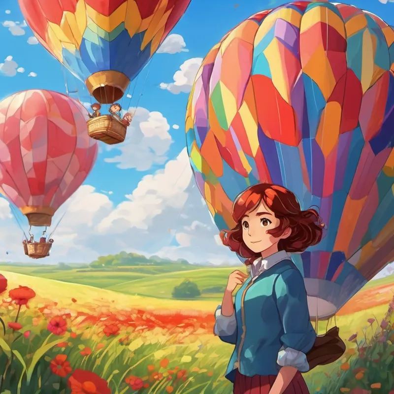 Short dark hair, brown eyes and Curly red hair, bright blue eyes, wears colorful clothes are getting into a hot air balloon in a field. The balloon is big and colorful.