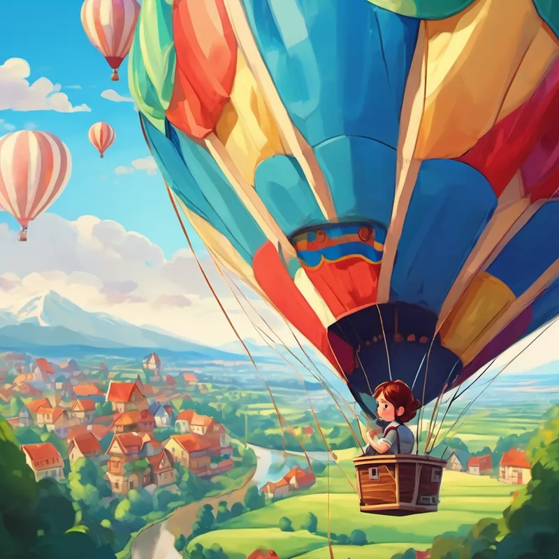 Short dark hair, brown eyes and Curly red hair, bright blue eyes, wears colorful clothes are inside the hot air balloon, flying high in the sky. They can see tiny houses and cars below. There is a cool breeze.