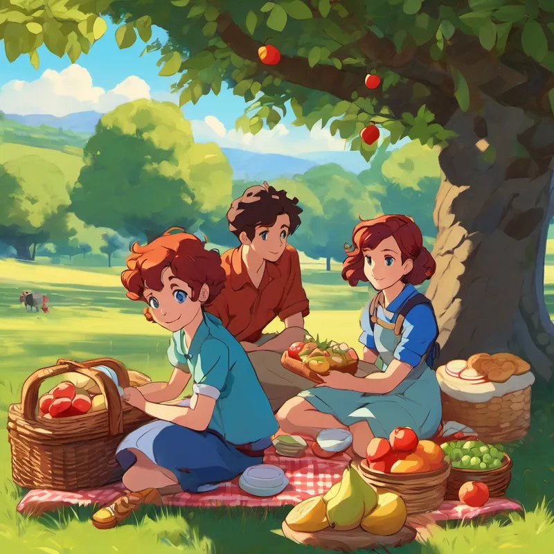 Short dark hair, brown eyes and Curly red hair, bright blue eyes, wears colorful clothes are sitting under a shady tree with a picnic basket. They have sandwiches, fruits, and cookies.