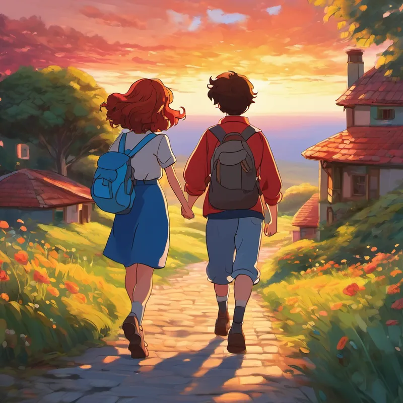 Short dark hair, brown eyes and Curly red hair, bright blue eyes, wears colorful clothes are walking back home as the sun sets. They are hugging each other. They look tired but happy.
