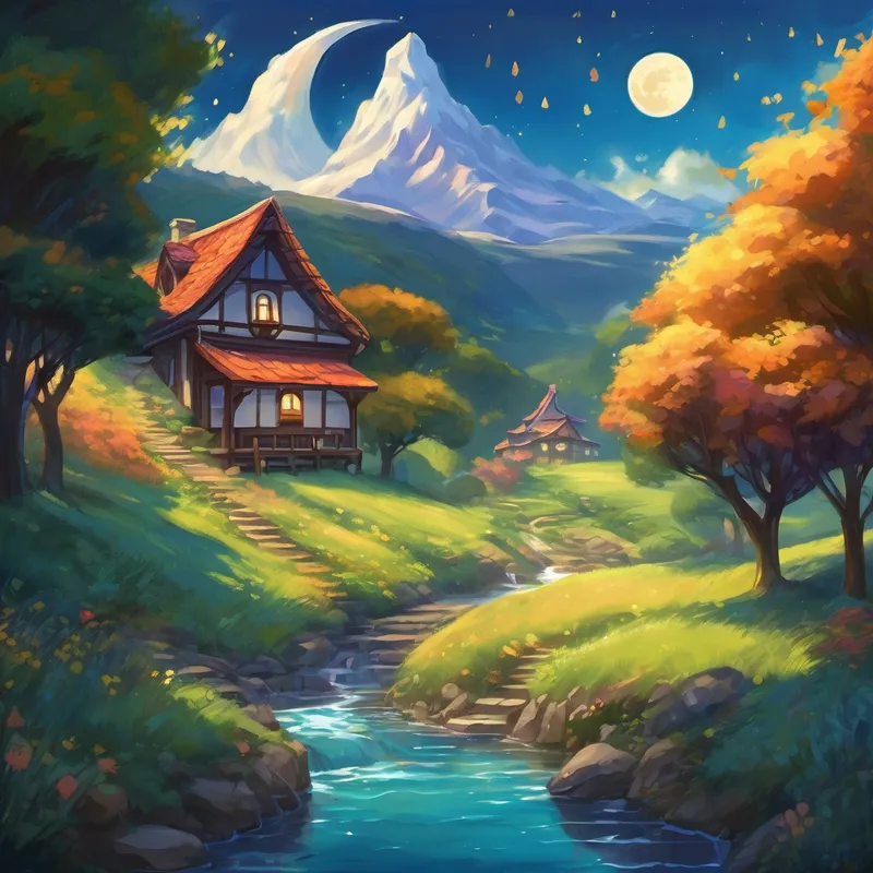 With her heart pounding excitedly, Lily slipped out of bed and tiptoed out of her room, following the mysterious voice. As she reached the village outskirts, she noticed the moon's reflection shimmering brightly on the distant mountains. It was there that her extraordinary journey would begin. Lily ventured into the mountains, and as she climbed higher, the air grew crisp and cool. Suddenly, a soft melody filled her ears, catching her attention. Following the enchanting tune, she discovered a shimmering waterfall tucked between towering trees. Water droplets sparkled with every song note, forming a magical stairway.