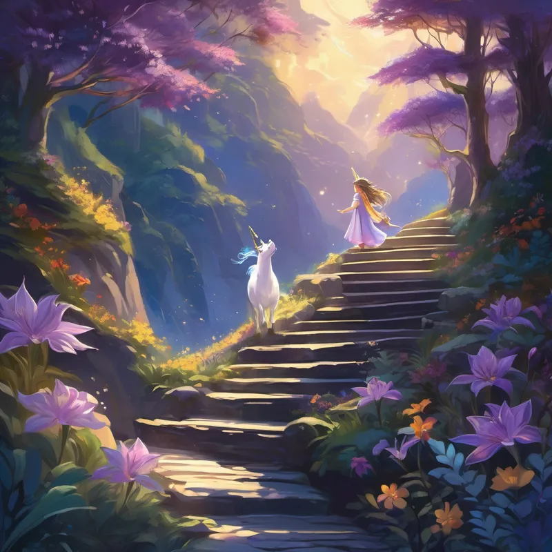 Bravely, Lily stepped onto the shimmering stairway. It lifted her higher, revealing the hidden wonders of the enchanted mountains. Each step carried her closer to a world she had only dreamt of before. As she ascended, mystical creatures appeared along the path - fairies with gossamer wings, graceful unicorns, and furry little forest dwellers. The forest dwellers smiled and led Lily towards a secret clearing bathed in moonlight. There, she discovered a magical portal. As she stepped through, she found herself in a breathtaking valley filled with vibrant flowers painted in shades of purple, blue, and gold. The flowers swayed in harmony with the gentle wind, creating a magical symphony of colors.