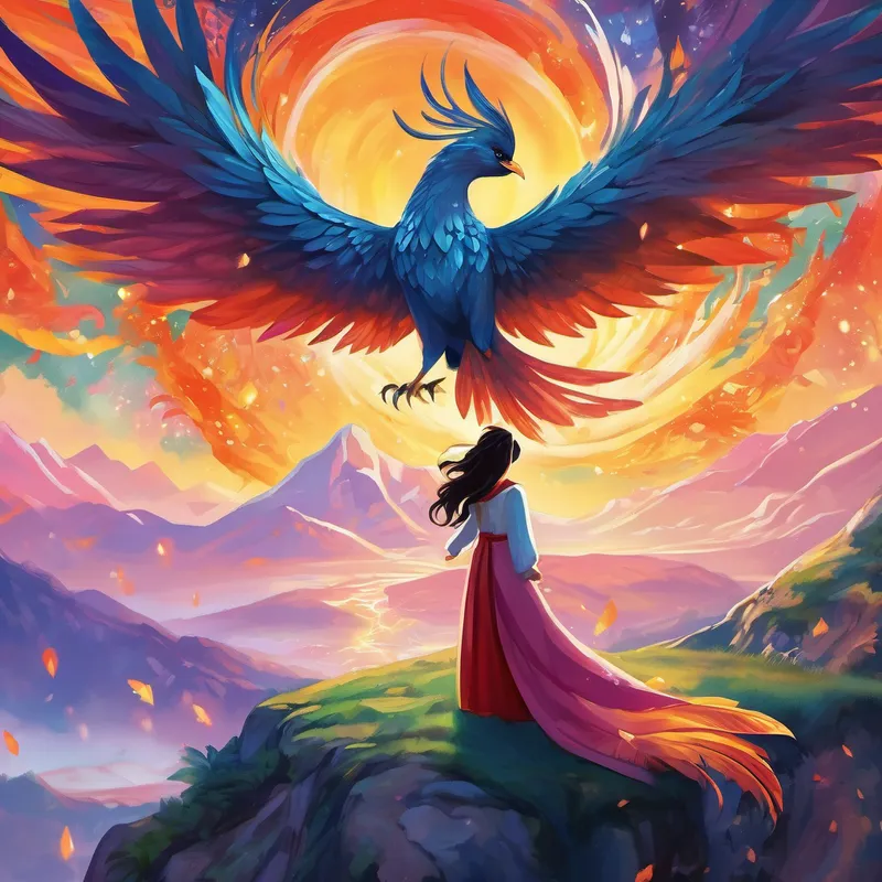 In the distance, Lily spotted a majestic phoenix soaring gracefully towards the mountaintops. Excitement filled her heart as she followed the fiery bird towards a hidden cave. Inside, beneath a blanket of glittering crystals, lay the heart of the enchanted mountains - a sparkling gem that held all the joy and magic in the land. With awe and wonder, Lily gazed at the gem, feeling its warmth radiate through her fingertips. Suddenly, she heard the voice again, this time filled with love and wisdom. "Dear Lily, you have brought one of the purest hearts to this magical place. Carry the warmth and magic within you always."