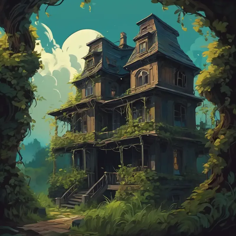 A dark and creepy house with broken windows and overgrown vines.