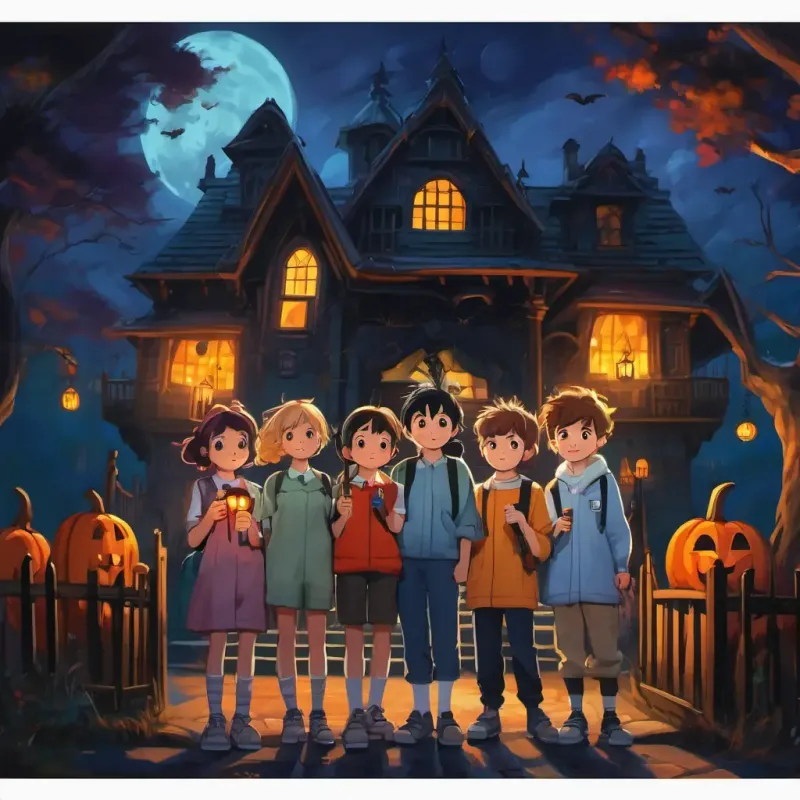 Four Four friends with different hair colors and wearing Halloween costumes standing outside the haunted house, holding flashlights.