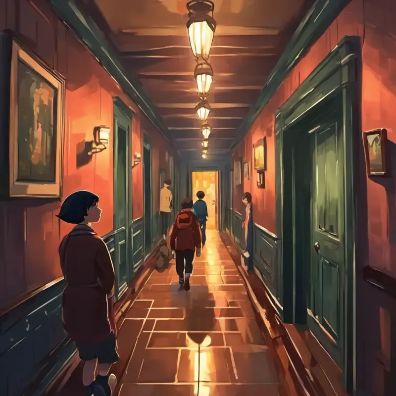 Friends walking through a dimly lit hallway, looking scared.