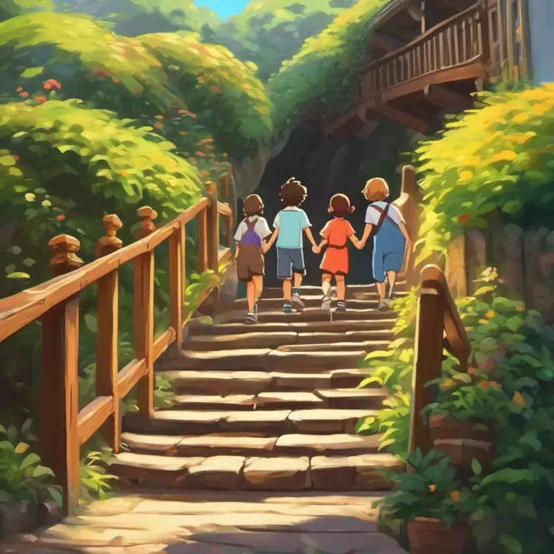 Friends climbing the creaky stairs, holding hands tightly.