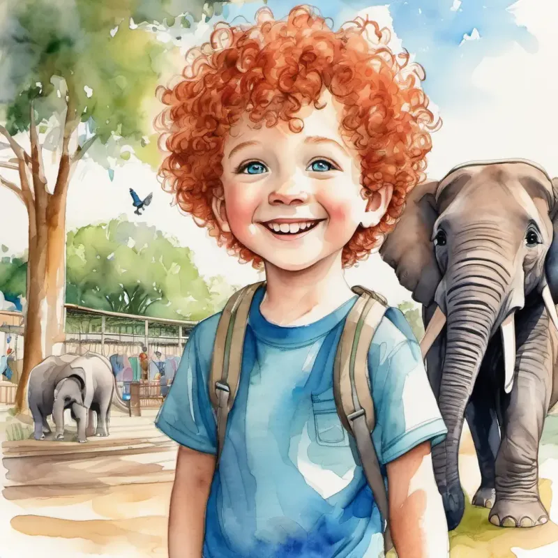 boy with short Red curly hair, bright blue eyes, big smile stands in front of the zoo, in the background you can see elephants