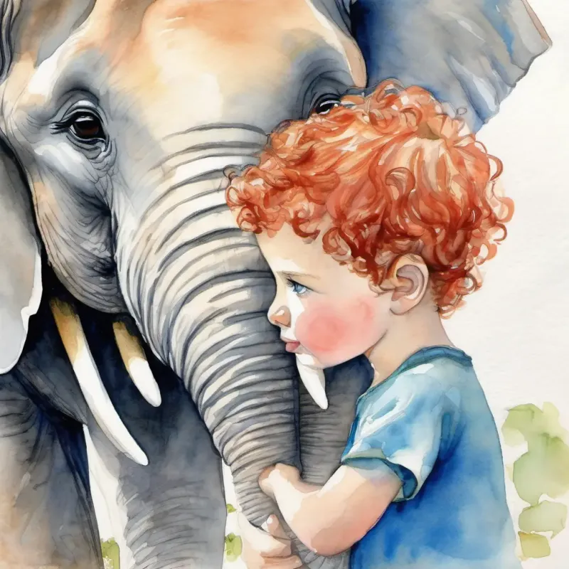 Elephant with a tear in her eyes talks to boy with short Red curly hair, bright blue eyes