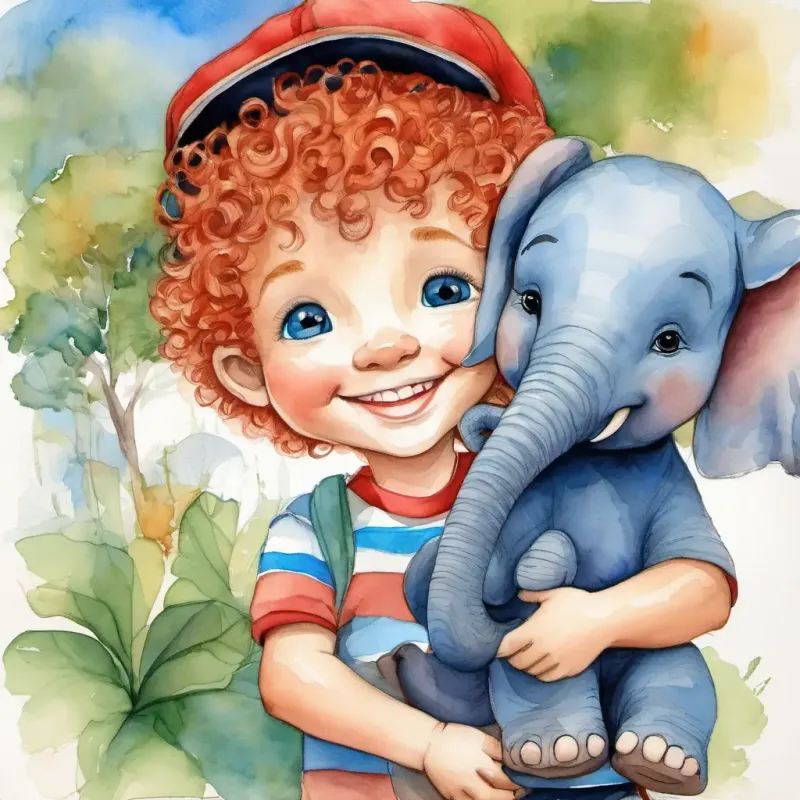 boy with short Red curly hair, bright blue eyes, big smile, blue cap holds a miniture elephant in his hand