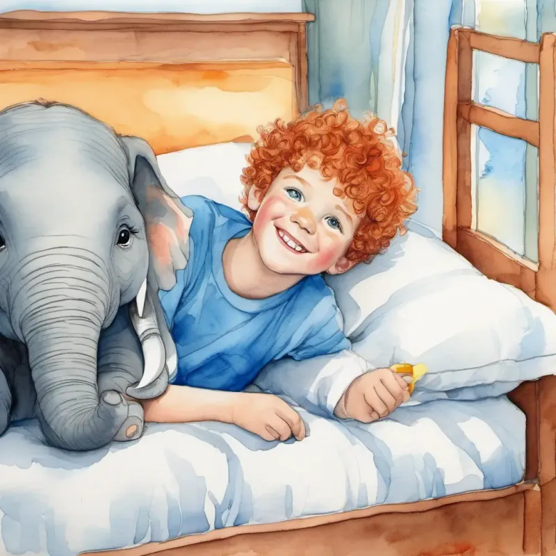 boy with short Red curly hair, bright blue eyes, big smile, blue cap  lies in bed with an elephant imitating an elephants sound