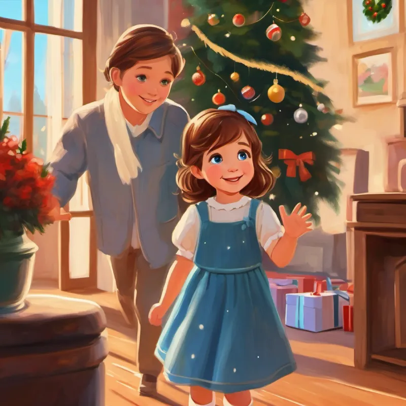 4-year-old white girl, blue eyes, brown hair, cheerful, a 4-year-old girl, waves goodbye to her father.