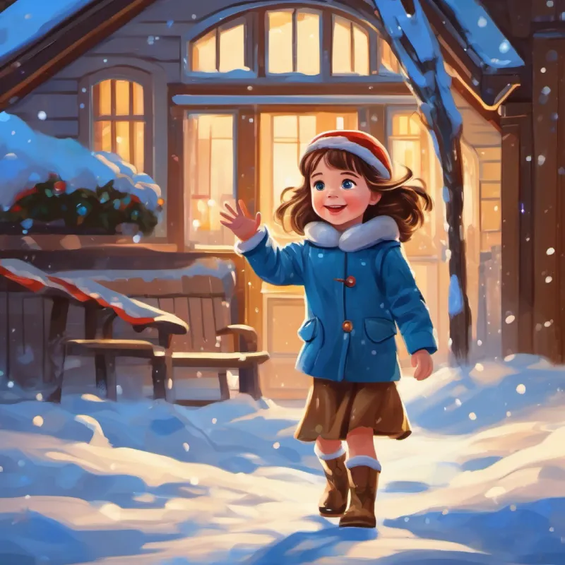 4-year-old white girl, blue eyes, brown hair, cheerful, a 4-year-old girl, waves goodbye to her father.