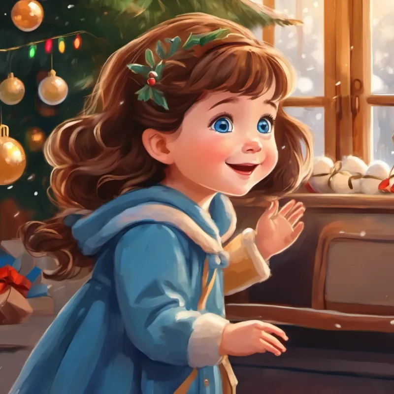 4-year-old white girl, blue eyes, brown hair, cheerful, a 4-year-old girl, waves goodbye to her father.
