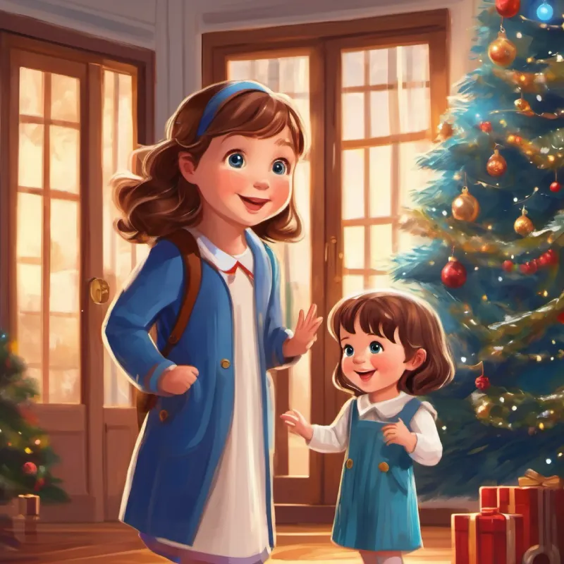 4-year-old white girl, blue eyes, brown  hair, cheerful, a 4-year-old girl, waves goodbye to her father.