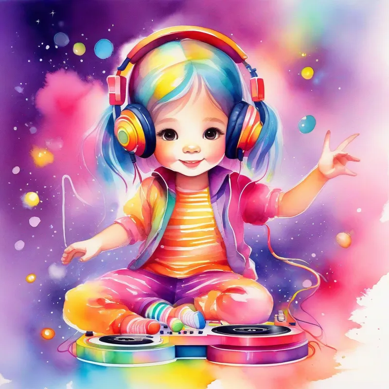 A little girl with colorful clothes and headphones, full of energy practices with a toy DJ set, colorful lights