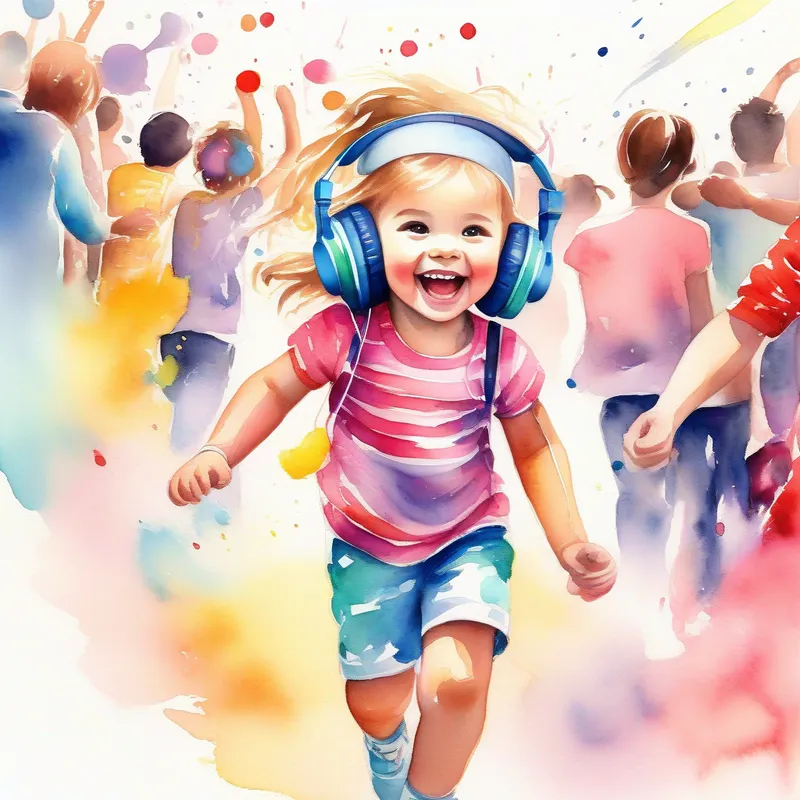 A little girl with colorful clothes and headphones, full of energy goes to a DJ concert, energetic crowd and music