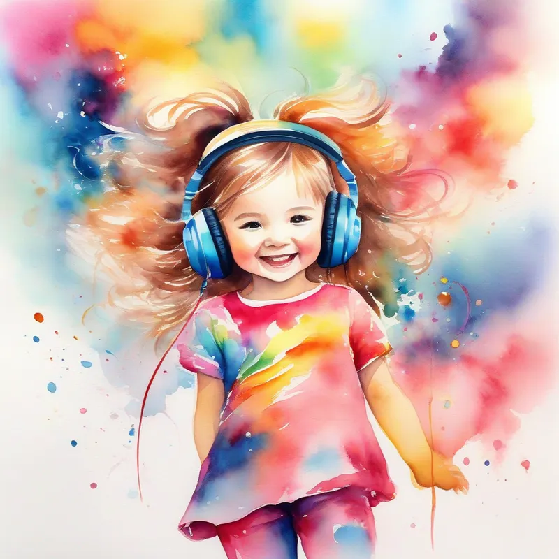 A little girl with colorful clothes and headphones, full of energy performs at events, admired for her passion and music